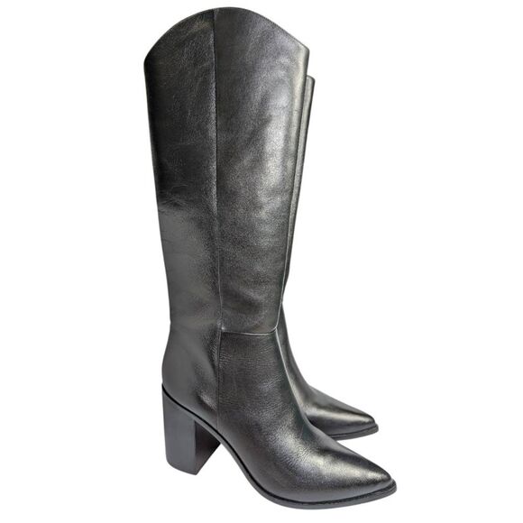 Franco Sarto Ticada Black Leather Knee-High Pointed Toe Block Heel Boots 10 - Picture 2 of 9